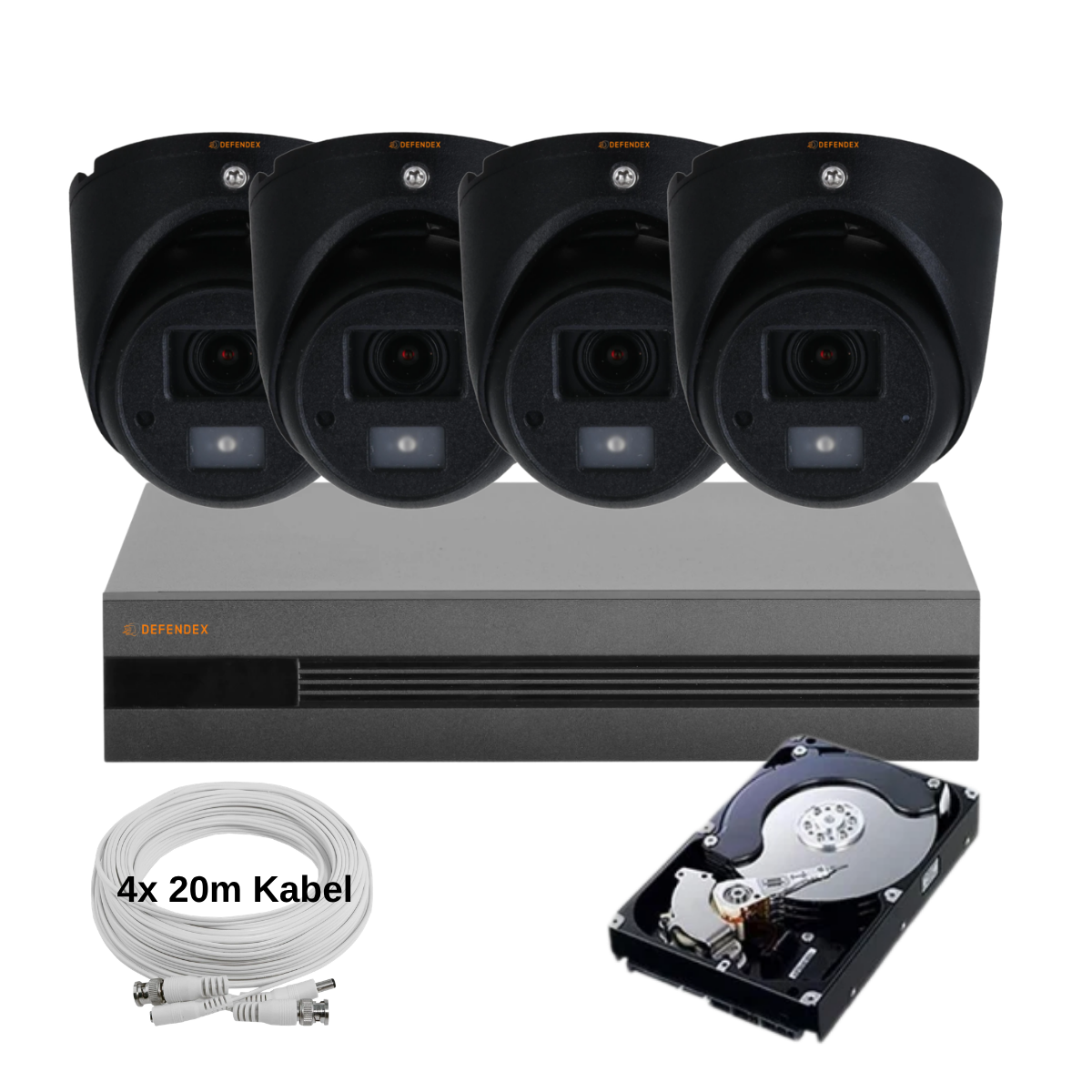 Defendex HDCVI Kamera Set | 4× 2 MP Mini Dome | Mikrofon | 20m IR | 1 TB