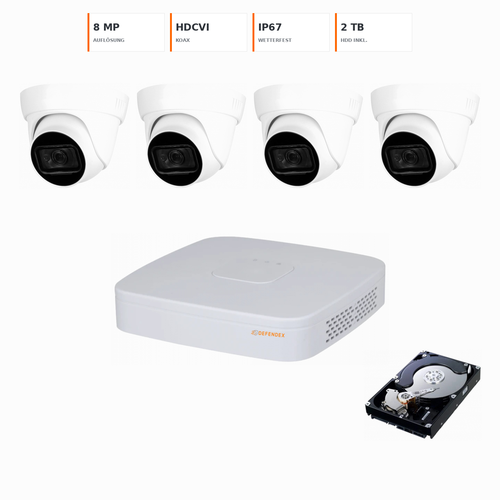 DEFENDEX HDCVI 4K Set mit 4× 8 MP Dome-Kamera und 2 TB HDD