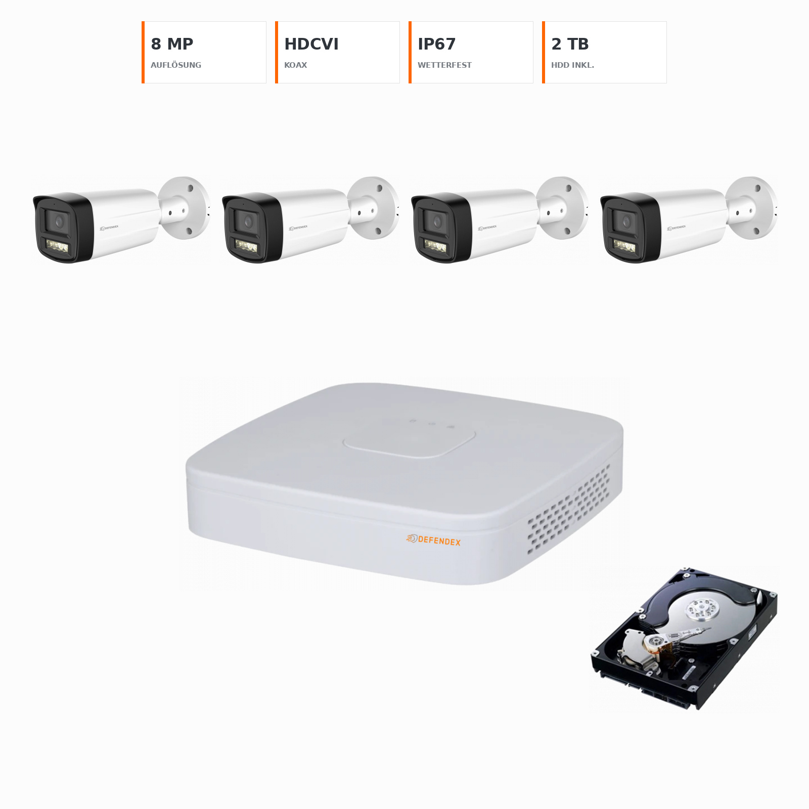 DEFENDEX HDCVI 4K Set mit 4× 8 MP Bullet-Kamera und 2 TB HDD