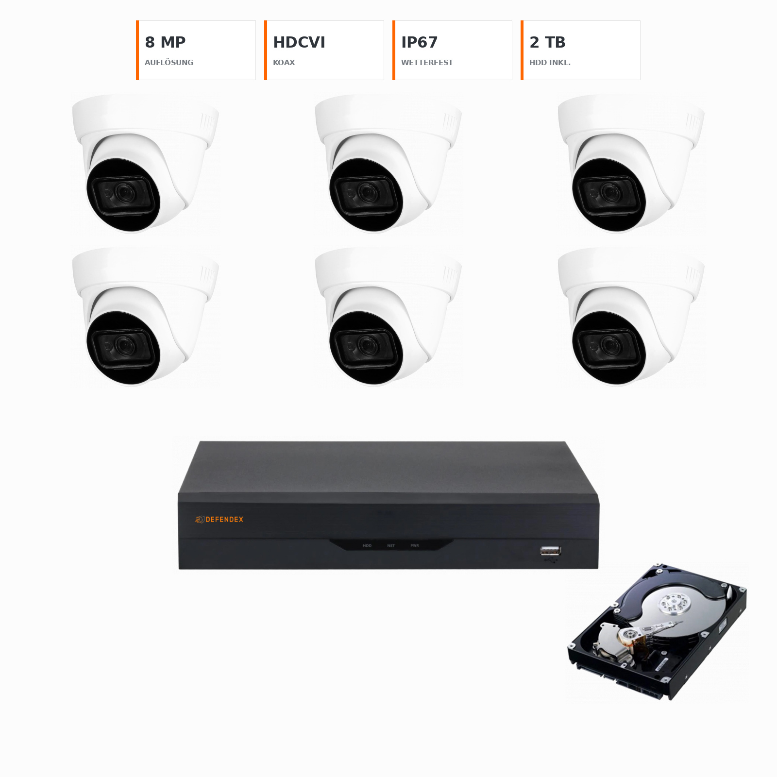 DEFENDEX HDCVI 4K Set mit 6× 8 MP Dome-Kamera und 2 TB HDD