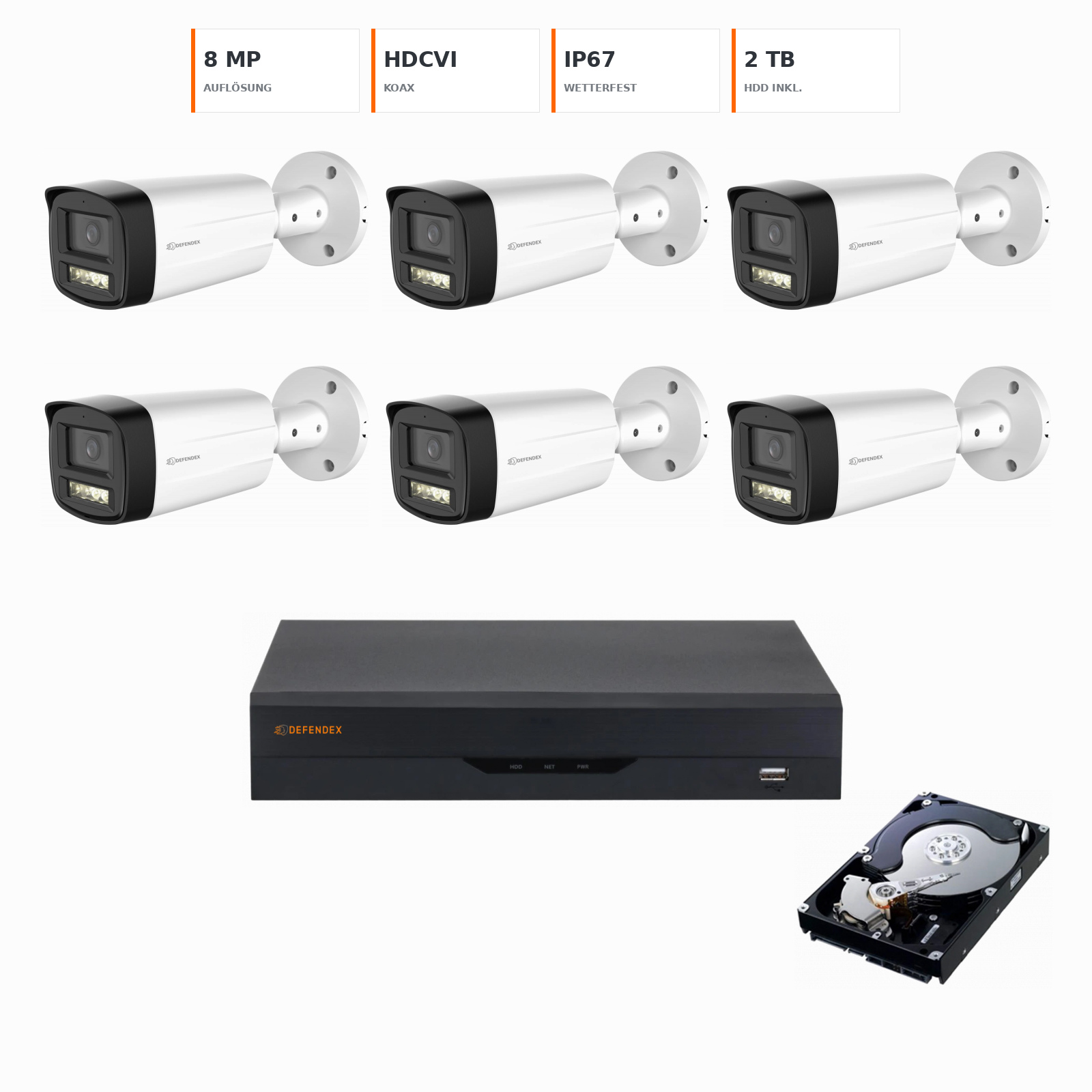 DEFENDEX HDCVI 4K Set mit 6× 8 MP Bullet-Kamera und 2 TB HDD