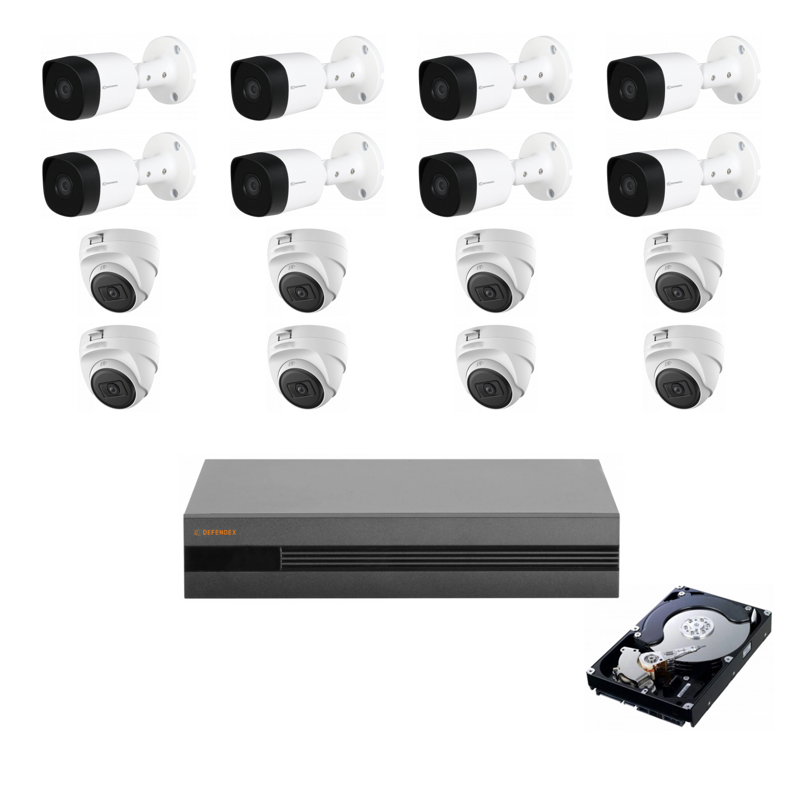 DEFENDEX HDCVI Komplettset | 16× 2 MP Mix | 8 Bullet + 8 Dome | 4 TB