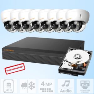 Defendex 8 Dome Kamera Überwachungssystem PoE 4MP mit 4TB HDD, 8x Dome Kameras und 8 Kanal NVR